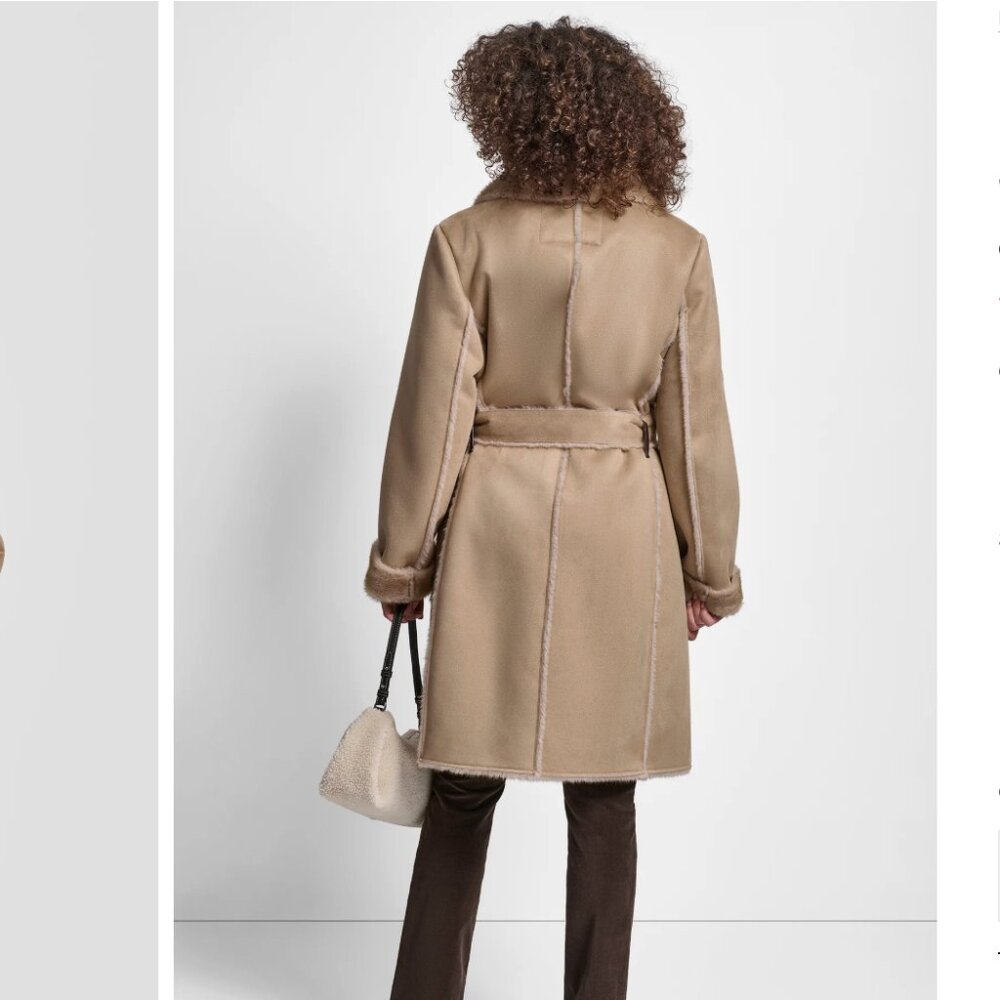NWT DKNY Women's Belted Notched-Collar Faux-Shearling Coat - Picture 2 of 7
